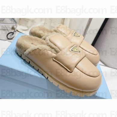 Prada Enameled metal triangle logo shearling Lining padded sabots slippers Beige 2023