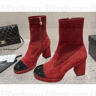 Chanel Heel 8cm Suede Kidskin & Patent Calfskin Short Boots G45195 Burgundy/Black 2023