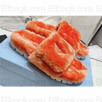 Prada Enameled metal triangle logo shearling padded slides Orange 2023