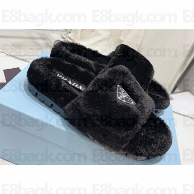 Prada Enameled metal triangle logo shearling padded slides Black 2023