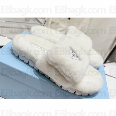 Prada Enameled metal triangle logo shearling padded slides White 2023