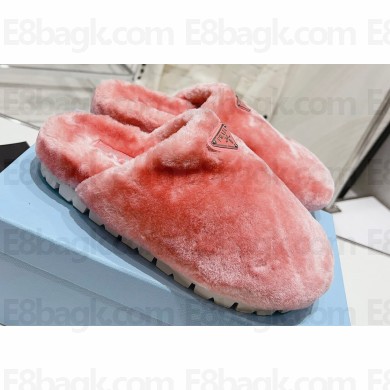 Prada Enameled metal triangle logo shearling padded slippers Pink 2023
