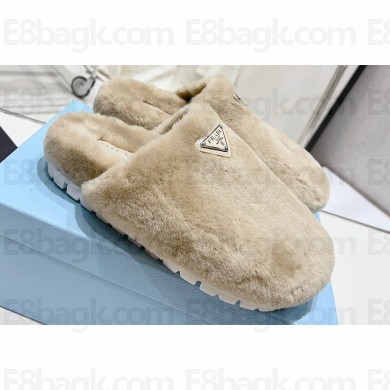 Prada Enameled metal triangle logo shearling padded slippers Beige 2023