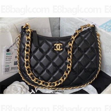 Chanel Shiny Crumpled Lambskin & Gold-Tone Metal Hobo Handbag AS4378 Black 2023