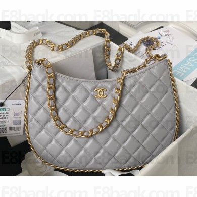 Chanel Shiny Crumpled Lambskin & Gold-Tone Metal Large Hobo Bag AS4368 Gray 2023