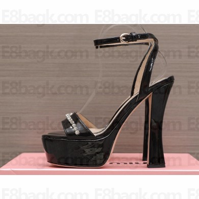 Miu Miu Heel 14cm Patent leather platform 4cm sandals Black with crystals 2023