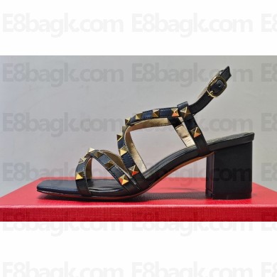 Valentino Heel 6cm Rockstud sandals with straps in calfskin leather Black
