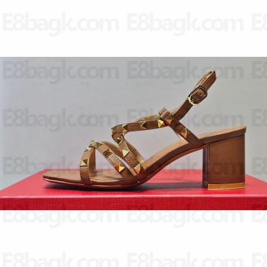 Valentino Heel 6cm Rockstud sandals with straps in calfskin leather Brown