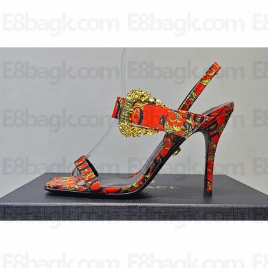 Versace Heel 10cm Studded Emily Slingback Sandals Print Red 2023