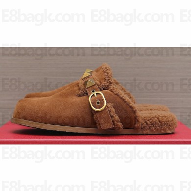 Valentino Shearling Roman Stud Sabots Slip On Mules Brown