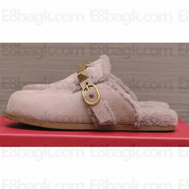 Valentino Shearling Roman Stud Sabots Slip On Mules Nude