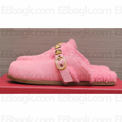 Valentino Shearling Roman Stud Sabots Slip On Mules Pink