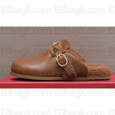 Valentino Shearling Roman Stud Sabots Slip On Mules Leather Brown
