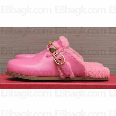 Valentino Shearling Roman Stud Sabots Slip On Mules Leather Pink