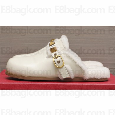 Valentino Shearling Roman Stud Sabots Slip On Mules Leather White