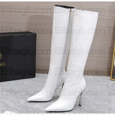 Versace Heel 10cm Calfskin Pin-Point Knee-High Boots White 2023