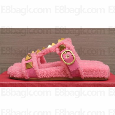 Valentino Shearling Roman Stud Slides Sandals Pink