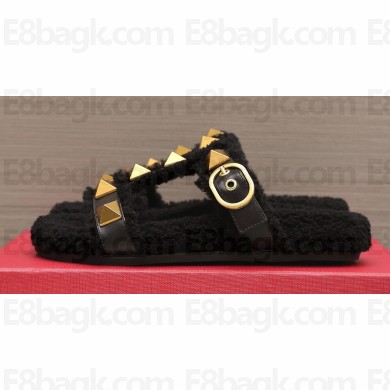 Valentino Shearling Roman Stud Slides Sandals Black