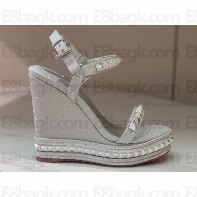 Christian Louboutin Heel 12cm Pyraclou Studded leather wedge Sandals glittered Silver