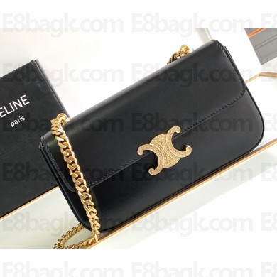 Celine CHAIN SHOULDER BAG triomphe with strass closure in shiny calfskin 197993 Black