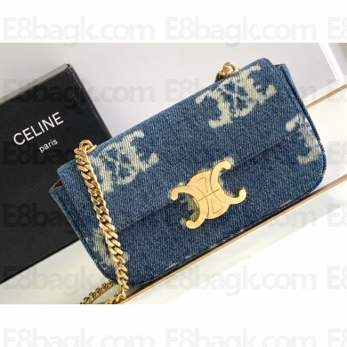 Celine CHAIN SHOULDER BAG triomphe in Denim with triomphe 197993 Navy Blue