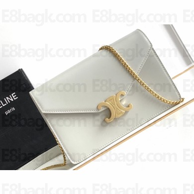 Celine WALLET ON CHAIN triomphe Bag in Shiny calfskin 10J733 White/Gold