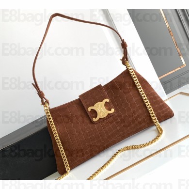 Celine WILTERN CLUTCH BAG TRIOMPHE SOFT in Crocodile Embossed Suede Calfskin 113673 Brown
