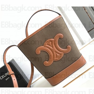 Celine SMALL BUCKET CUIR TRIOMPHE Bag in TEXTILE and Calfskin Khaki/Tan 198243