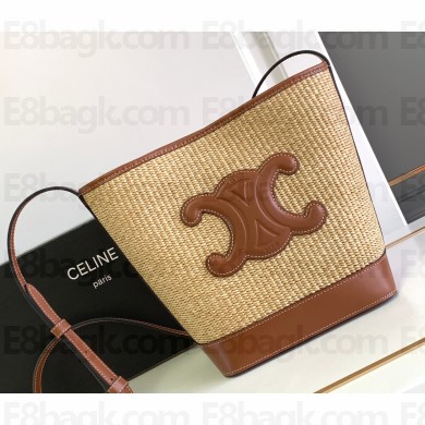 Celine SMALL BUCKET CUIR TRIOMPHE Bag in RAFFIA EFFECT TEXTILE AND CALFSKIN Natural / Tan 198243