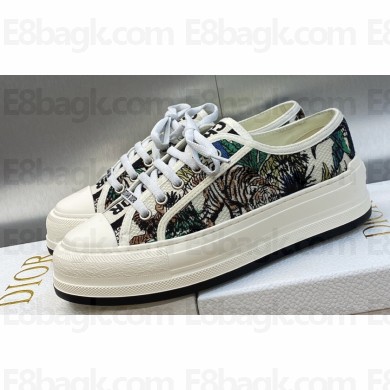DIOR Walk'n'Dior Platform Low Top Sneakers in White Multicolor Embroidered Cotton with Étoile de Voyage Motif 2023