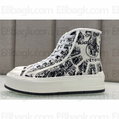 DIOR Walk'n'Dior Platform High Top Sneakers in White and Black Cotton Embroidered with Plan de Paris Motif 2023