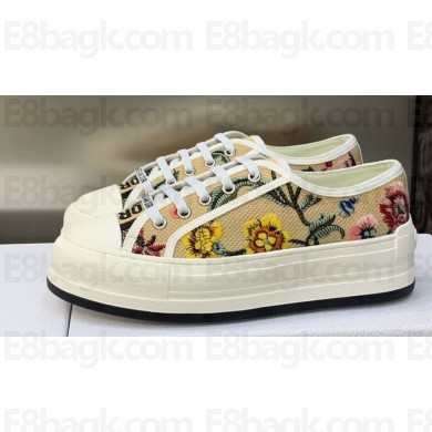DIOR Walk'n'Dior Platform Low Top Sneakers in Beige Multicolor Cotton Embroidered With Petites Fleurs Motif 2023