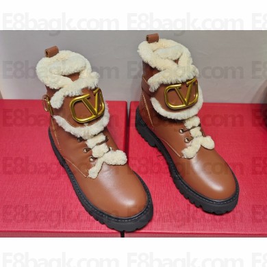 Valentino VLogo Combat Boots In Calfskin and Shearling Black Brown 2023