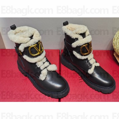 Valentino VLogo Combat Boots In Calfskin and Shearling Black 2023