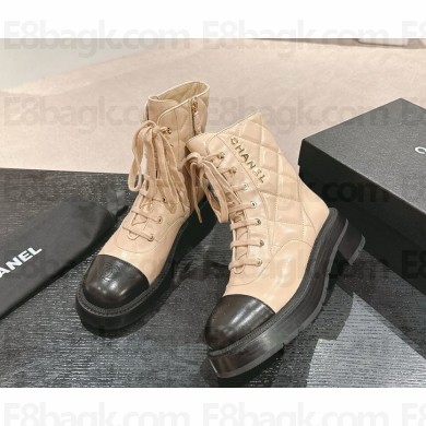 Chanel Crinkled Calfskin Quilting Combat Boots with CC logo beige 1028-2024