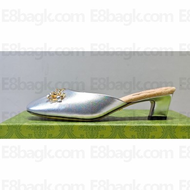 Gucci Heel 4.5cm Horebit with crystals Mules 757748/759778 Silver 2023