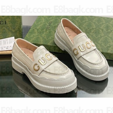 Gucci script Scalloped rubber trim Mid-heel loafers 752854 Off White 2023