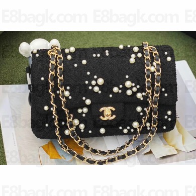 Chanel Wool Tweed and Pearl Medium Classic Handbag A01112 Black 2023