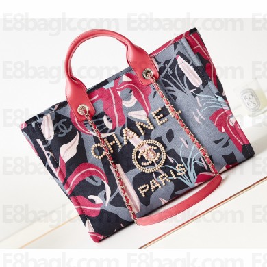 Chanel Deauville Printed Velvet and Wooden Pearls Small Shopping Bag AS3257 Red 2023