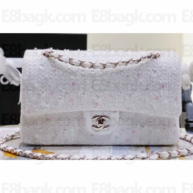 Chanel Wool Tweed and Bead Medium Classic Handbag A01112 White 2023