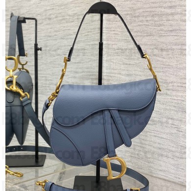 Dior Saddle Bag with Strap in Grained Calfskin Denim Blue 2023