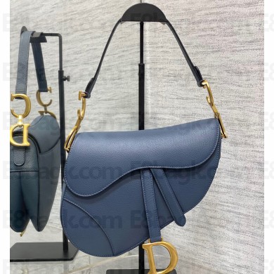Dior Saddle Bag with Strap in Grained Calfskin Blue 2023