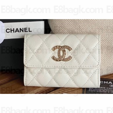 Chanel Gold-Tone Metal Logo Flap Card Holder AP3047 in Grained Calfskin White