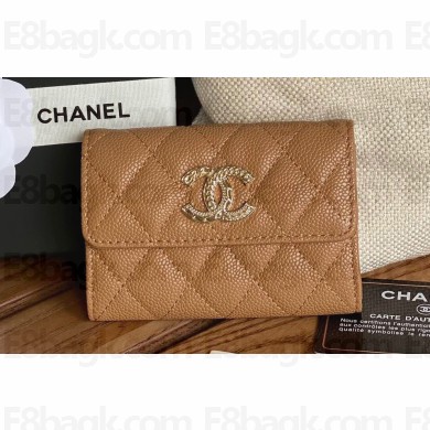 Chanel Gold-Tone Metal Logo Flap Card Holder AP3047 in Grained Calfskin Brown