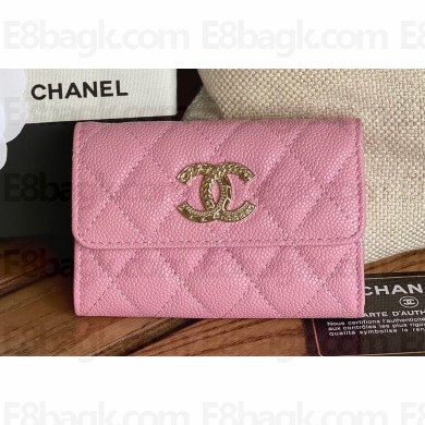 Chanel Gold-Tone Metal Logo Flap Card Holder AP3047 in Grained Calfskin Pink