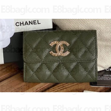 Chanel Gold-Tone Metal Logo Flap Card Holder AP3047 in Grained Calfskin Green