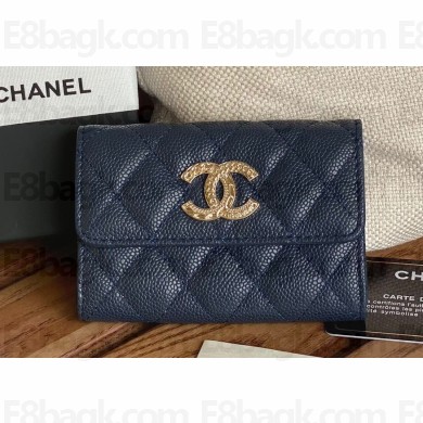 Chanel Gold-Tone Metal Logo Flap Card Holder AP3047 in Grained Calfskin Blue