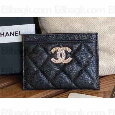 Chanel Gold-Tone Metal Logo Card Holder AP3048 in Grained Calfskin Black