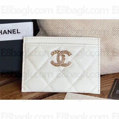 Chanel Gold-Tone Metal Logo Card Holder AP3048 in Grained Calfskin White