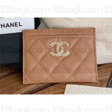 Chanel Gold-Tone Metal Logo Card Holder AP3048 in Grained Calfskin Brown
